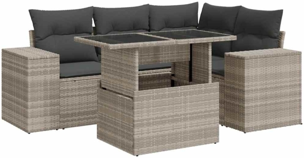 vidaXL 5-tlg. Garten-Sofagarnitur mit Kissen Hellgrau Poly Rattan 3326793