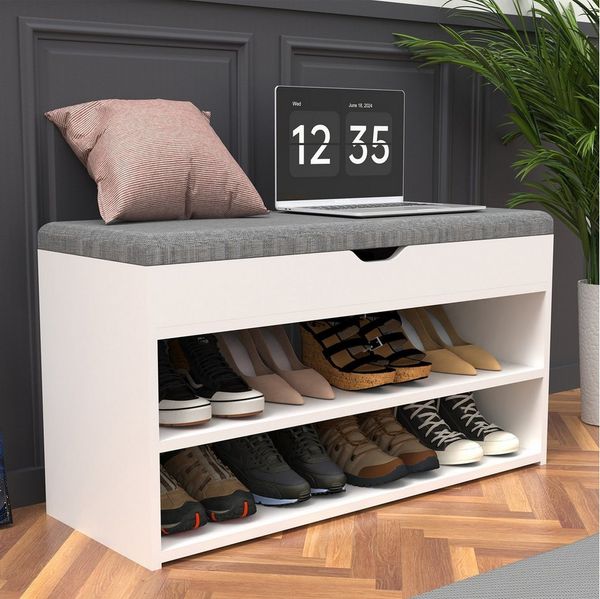 oyajia Schuhbank Schuhregal mit gepolstertem Kissen, Schuhorganizer mit 2 Ebenen (vielseitig nutzbar, Mit 2 offenen Fächern, 1 Stauraumfach und 1 gepolsterten Sitzauflage, B 80 x H 44 x T 30 cm), mit Klappdeckel, für 8 Paare, kratzfeste Oberfläche, bis...