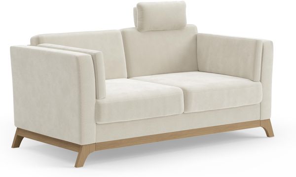 Cavadore 2,5er-Sofa Vida / 2,5-Sitzer Couch im trendigen Design mit massivem Holzrahmen in Buche, Kopfstütze mit Kuschelkissen / 183 x 84 x 93 / Mikrofaser, Naturweiß