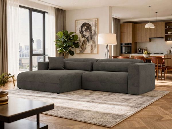 Ecksofa PAZURRO L mit Armlehnen, freistehendes L-förmiges Ecksofa mit lose Kissen, Wellenfeder, Modern Design - Dunkelgrau Velvet - Links
