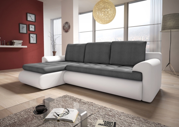 Ecksofa Santi mit schmutzabweisender Stoff - Polsterecke L-Form, Schlafsofa mit Bettkasten, Sofa mit Schlaffunktion, Couch (Weiß + Grau (Madryt 120 + Trinity 14), Ecksofa Links)