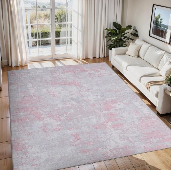 GarveeMore Teppich aus Perlvelours für Wohnzimmer & Schlafzimmer, faltbar, waschbar, rechteckig, Höhe: 5 mm, abstraktes Tuschmuster, rutschfeste Rückseite, 120x170 cm, Rosa