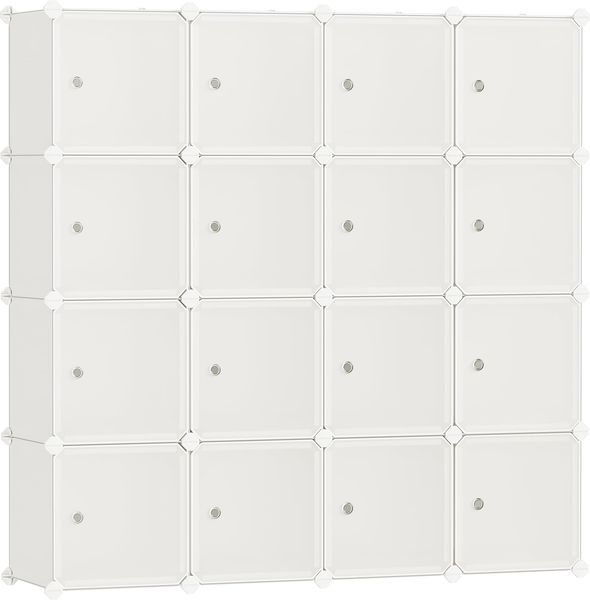 SONGMICS Regalsystem, Schuhregal, Set aus 16 Würfeln, Kleiderschrank aus Kunststoff, mit Türen, Steckregal, Aufbewahrung von Kleidung, Schuhen und Büchern, einfache Montage, cremeweiß LPC443W01