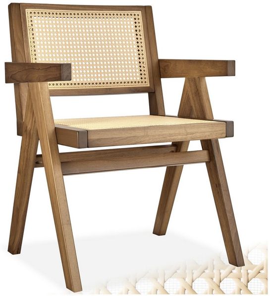 tectake Esszimmerstuhl Armlehnstuhl im Boho-Stil, 59 x 56,5 x 82,5 cm, Belastbarkeit 120 kg (Sessel Lissy in Eiche hell, 1 St), große Rückenlehne und Sitzfläche mit Wiener Geflecht, Holzgestell