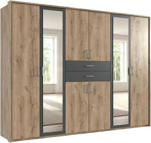 Drehtürenschrank Kleiderschrank Schubkästen Spiegel Passepartout Eiche u. Grafit