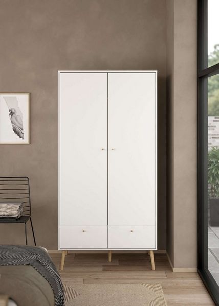andas Kleiderschrank Bodo, Drehtürenschrank, Aufbewahrung Kasten Schrank Stauraum 2 Türen, 2 Schubladen, Beine und Griffe Massivholz, Breite 99 cm