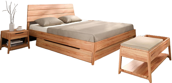 Bett Swig 1 Sonderlänge 120x220 Kernbuche massiv mit Holzkopfteil und Holzbeinen
