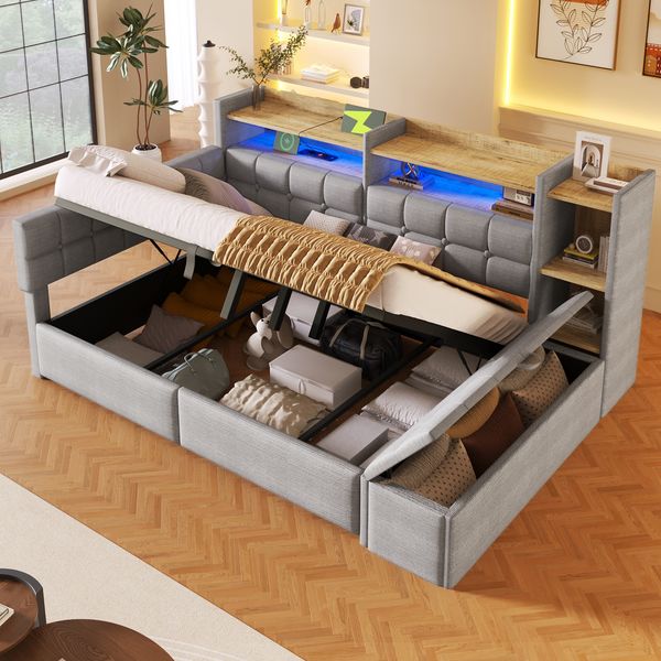 Merax Polsterbett 140 × 200 cm, Tagesbett, Daybett, Schlafsofa, mit hydraulischer Lagerung, USB- und Typ-C-Anschlüssen, Ablagefach, Stauraumbank am Fußende, LED-Lichtleiste, Samt, Grau