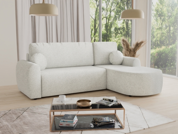 Ecksofa Jazz mit Schlaffunktion und Bettkasten - Bouclé-Stoff - L-Form Couch, Polstersofa, Schlafsofa, Sofagarnitur, Bettsofa (Weiß (Coral 70), Ecksofa Rechts)