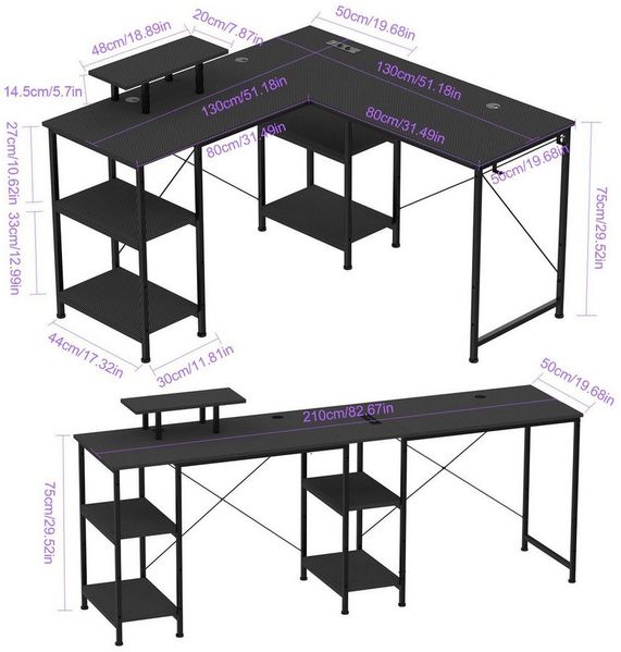 JEOBEST Computertisch L-förmiger Schreibtisch mit Regalen Reversibel Eckschreibtisch 210CM, Gaming-Tisch mit 4 Ablagen, 3 Kabellöchern, Monitorständer