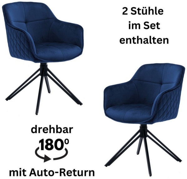 Emma Esszimmerstühle 2er Set mit schwarzem Metallgestell, Blau - Bequeme Samt Stühle für Esszimmer & Wohnzimmer - 59 x 82 x 62 cm (B/H/T)