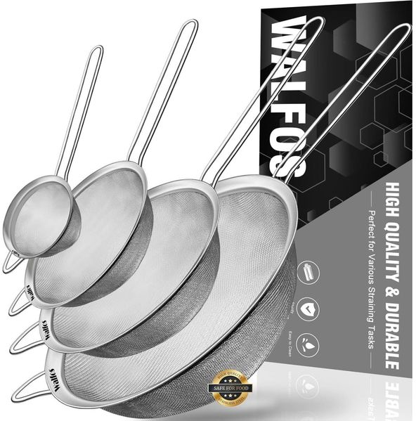 Walfos Feinmaschsieb-Set Edelstahl mit verstärktem Rahmen Griff Gemüse Pasta Tee