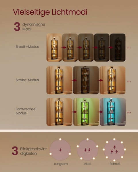 VASAGLE Eckregal 5 Ebenen, Bücherregal mit einstellbarer LED-Beleuchtung Bild 3