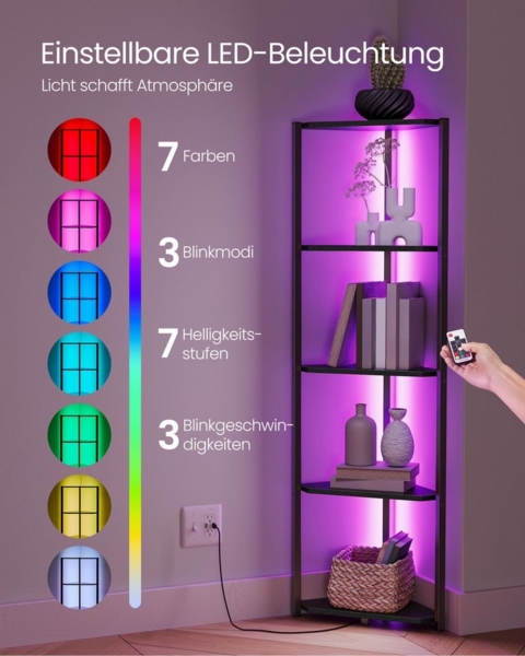 VASAGLE Eckregal 5 Ebenen, Bücherregal mit einstellbarer LED-Beleuchtung Bild 2
