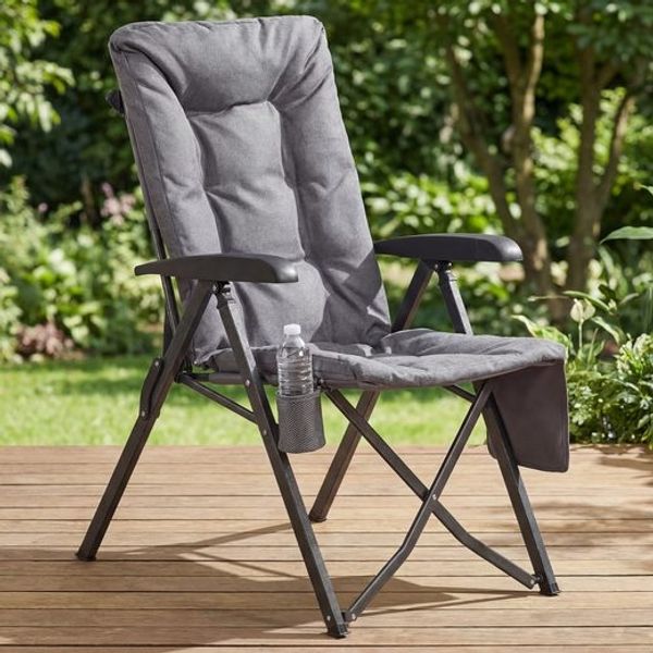 SONGMICS Campingstuhl, verstellbare Rückenlehne 95°-150°, 6 cm Polsterung, Tragetasche, Angeln, Garten, Camping, grau