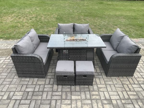Fimous 8 Sitzer Rattan Möbel Garten Essgarnitur Gas Feuergrube Tisch mit 2 kleinen Fußhockern Liebe Sofa Dunkelgrau Gemischt
