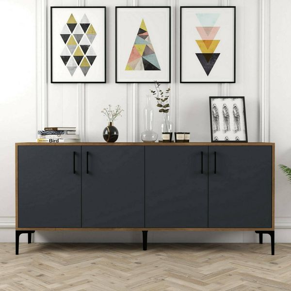 Dmora - Kommode Orionis, Wohnzimmerbuffet, Wohnzimmer-Sideboard, Moderne Küchen-Speisekammer, 180x35h78 cm, Walnuss und Anthrazit