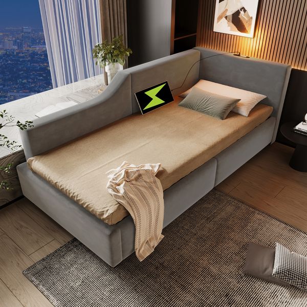 Kinderbett 90×200 cm mit Stauraum, Leselampe und USB-C, Samt Grau, ohne Matratze