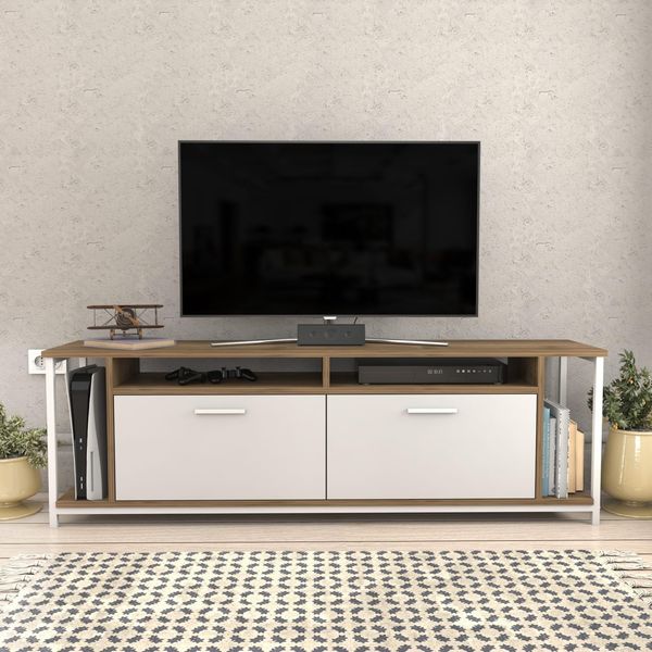 Hanah Home Stylish TV Stand, White & Walnut, 160 x 35 x 50.8 cm | 100% Melamine Coated Particle Board, 18 mm Thick | Modern Design for Living Room