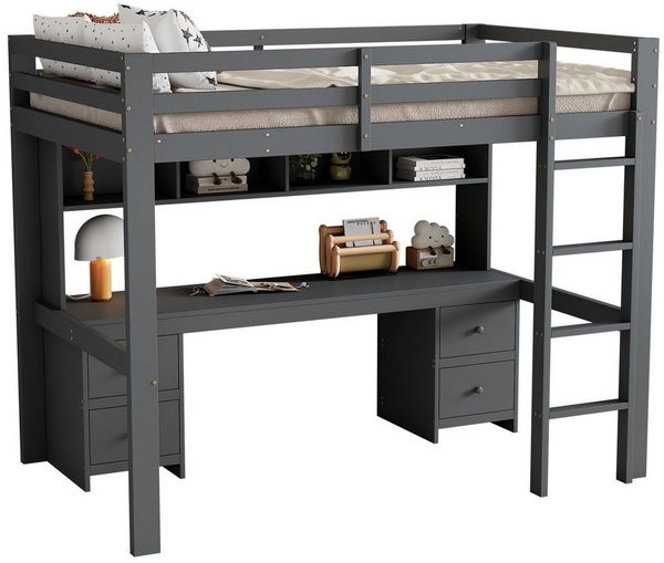 SOFTWEARY Hochbett mit Lattenrost und Schreibtisch (90x200 cm) Kinderbett mit Rausfallschutz, Holzbett