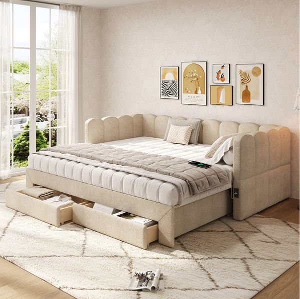 Odikalo Schlafsofa 90x200 90x190 Schlafcouch Polsterbett mit USB und Schubladen, mit 2 Schubladen für Stauraum, Schlafsofa, Tagbett 90x200 cm / 90x190 cm, ausziehbar auf 180 cm, mit USB-Anschluss