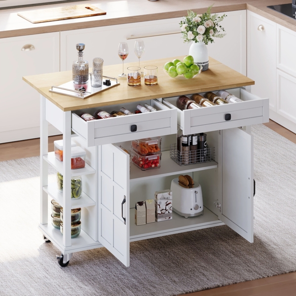 Merax Multifunktionaler Küchenwagen mit klappbarer Arbeitsplatte, 120×65 cm erweiterbar, 2 Schubladen, geräumige Aufbewahrung, auf Rollen, weiß