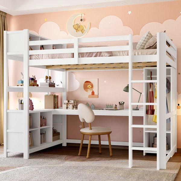 Merax Hochbett, Kinderbett 140x200 cm, Doppelbett mit Regale, mehrere Ablagefächer, Schreibtisch, Kleiderschrank, ohne Matratze, Weiß