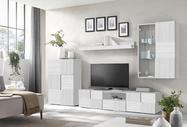 INOSIGN Wohnwand Dama, 4tlg. Breite 300 cm, Höhe 200 cm, moderne Anbauwand in 3D-Optik, (Set, 4-St), (Lowboard, Stauraumschrank, Hängevitrine, Wandboard) viel Stauraum