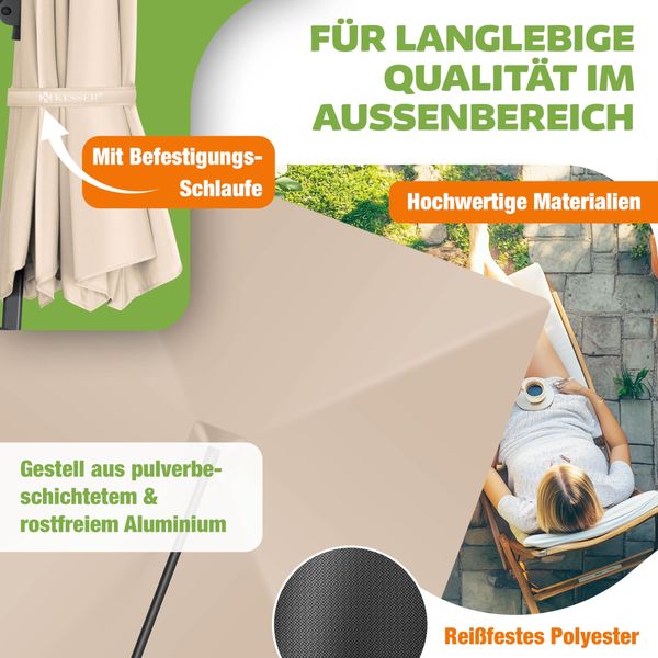 KESSER® Sonnenschirm Ampelschirm SUN XL 300 x 300 cm Inkl. Abdeckung +Windsicherung Drehbar Neigbar Kippbar Marktschirm Groß 360° Rotation, Gartenschirm mit Kurbel Sonnenschutz UV50+ Beige, Ohne LED Bild 3