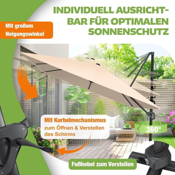KESSER® Sonnenschirm Ampelschirm SUN XL 300 x 300 cm Inkl. Abdeckung +Windsicherung Drehbar Neigbar Kippbar Marktschirm Groß 360° Rotation, Gartenschirm mit Kurbel Sonnenschutz UV50+ Beige, Ohne LED Bild 5