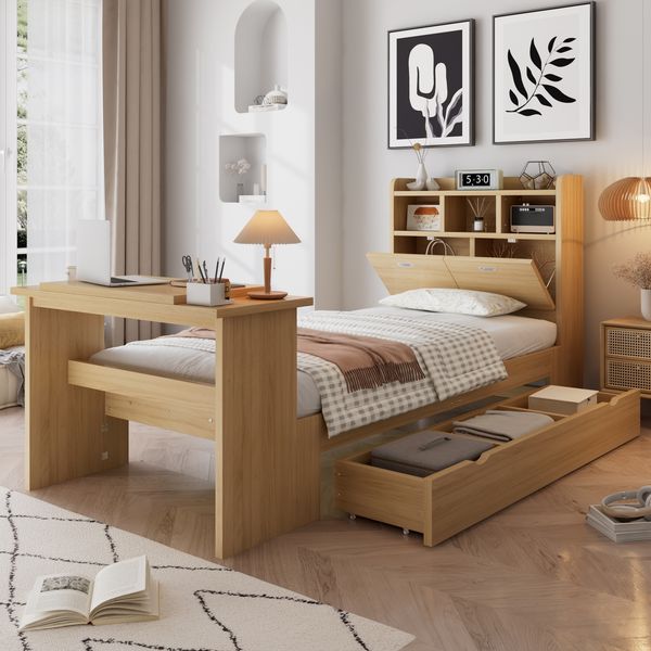 Kinder Einzelbett, Jugendbett mit Stauraum, Bettgestell mit Kopfteilregal, ausziehbarer Schublade und verstellbarem Klapptisch, flexible Schubladenmontage, Naturholzfarbe, 90x200 cm