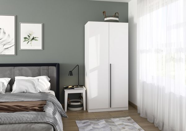 rauch Kleiderschrank Alba, Drehtürenschrank, Garderobenschrank, 2-türig, mit 1 Kleiderstange und 1 Einlegeboden, Farbe Weiß, Griffstange Grau metallic, Schwarz, 91x197x56cm