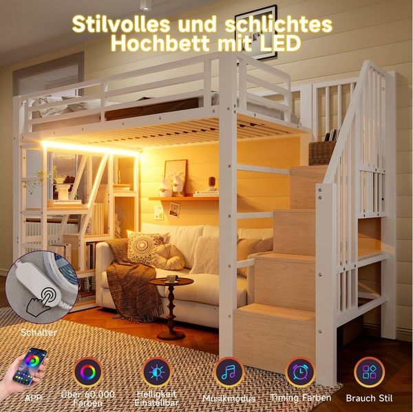 REDOM Kinderbett aus Metall mit Schutzgeländer, Leiter und integriertem Stauraum (Hochbett Jugendbett, 90x200 cm), ohne Matratze