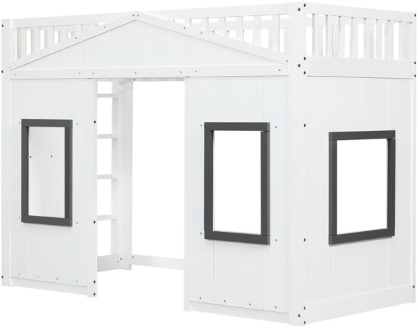 Merax Etagenbett, 90x200cm Hausbett, mit Treppe, mit Fallschutz und Gitter, Kinderbett mit Fenster, Frei gestaltetes Unterbett, Rahmen aus Kiefer, Weiß Bild 8