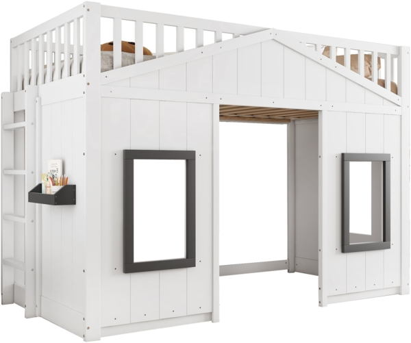 Merax Etagenbett, 90x200cm Hausbett, mit Treppe, mit Fallschutz und Gitter, Kinderbett mit Fenster, Frei gestaltetes Unterbett, Rahmen aus Kiefer, Weiß Bild 10