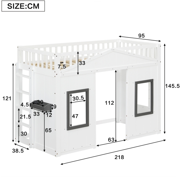 Merax Etagenbett, 90x200cm Hausbett, mit Treppe, mit Fallschutz und Gitter, Kinderbett mit Fenster, Frei gestaltetes Unterbett, Rahmen aus Kiefer, Weiß Bild 4