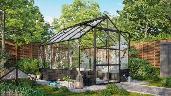 Vitavia Gewächshaus "Cassandra 8300", schwarz, 8,3 m²,mit Sockelmauer in basalt, 3 mm ESG