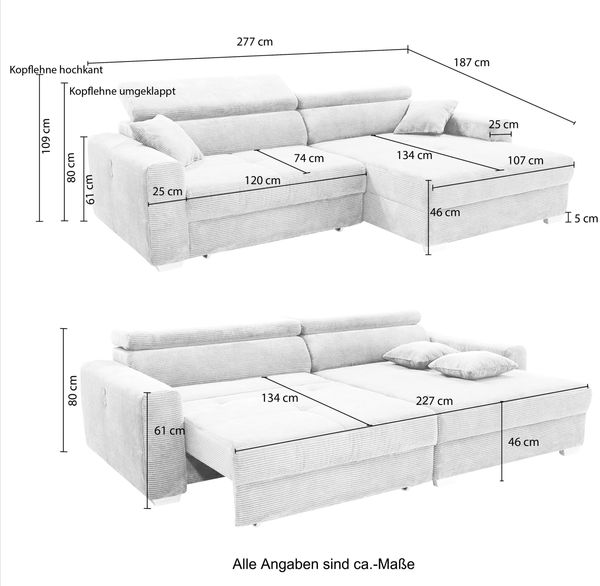 Ecksofa Auszug elektrisch USB-C Kopflehne verstellbar Couch Cord Dunkelgrau Bild 8