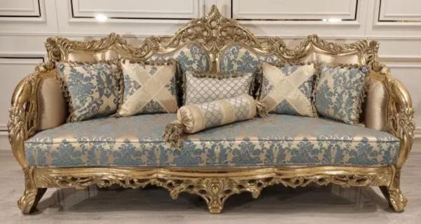 Casa Padrino Luxus Barock Sofa mit elegantem Muster Türkis / Rosa / Gold - Handgefertigtes Wohnzimmer Sofa im Barockstil - Barock Wohnzimmer Möbel - Edel & Prunkvoll