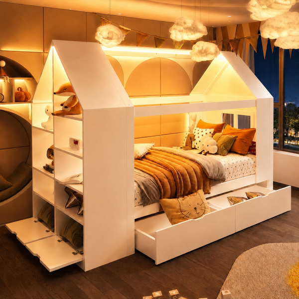 Merax Kinderbett 90*200cm, Einzelbett, Jugendbett, Hausbett, Hausförmiges Design, mit zwei Schubladen, mit LED, mit Stauraum, Multifunktionsbett, Weiß