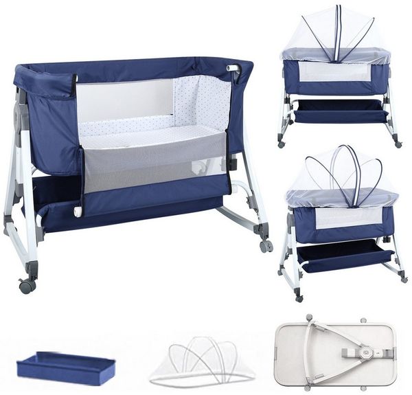 JEOBEST Beistellbett 3 in 1 Babybett, Schaukelmodus, mit atmungsaktivem Netz und Laken, mit Rollen Kinderbett, 6-Fach Höhenverstellung, Moskitonetz, Lagerung