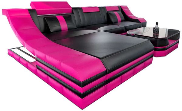 Couch Turino L Form in Leder - Büffelleder - schwarz-pink - Links