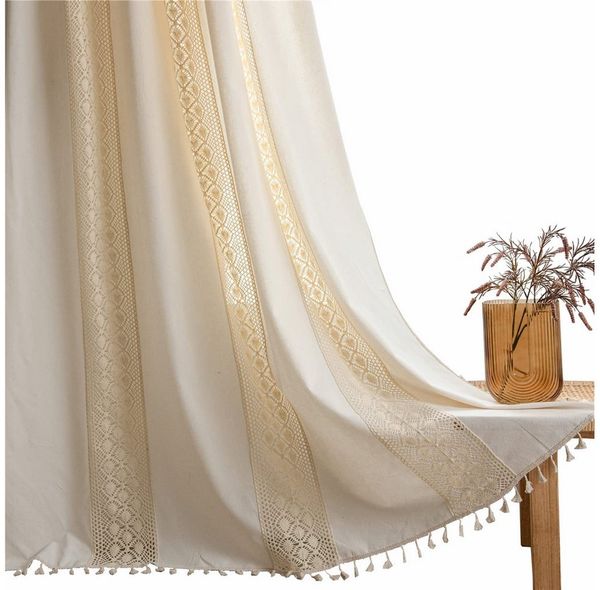 Agger Vorhang Boho-Vorhänge, beige Lochmuster-Gardine, Vintage-Landhausstil-Vorhänge, Fransen-Vorhänge