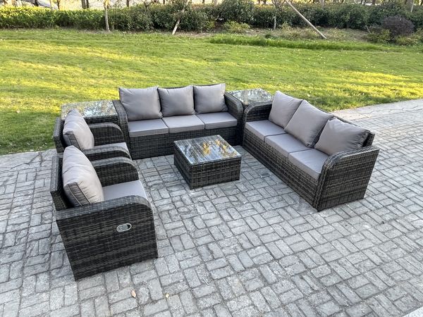 Fimous Hoher Rücken Polyrattan Gartenmöbel Set mit Quadratischer Couchtisch 2 Beistelltischen Garten Lounge Set Dunkelgrau Gemischt