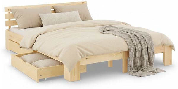 Holzbett Doppelbett 180x200 cm Bett mit 2 Bettkästen und Lattenrost Holzbettrahmen Natur Massiv Holz