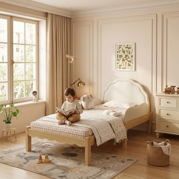 Kinder Polsterbett Einzelbett, PU-Kopfteil, seitliche Geländer, stabiler Lattenrost, Holzrahmen, kindgerechtes Design, Beige, 90x200 cm