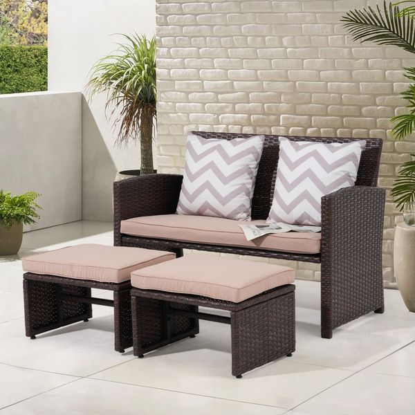 Sunsitt Gartenbank Outdoor Loveseat (3-tlg Terrassenmöbel-Set, Allwetter Rattan Gartenbank mit 2 Hocker), Braun Rattan&Beige Kissen