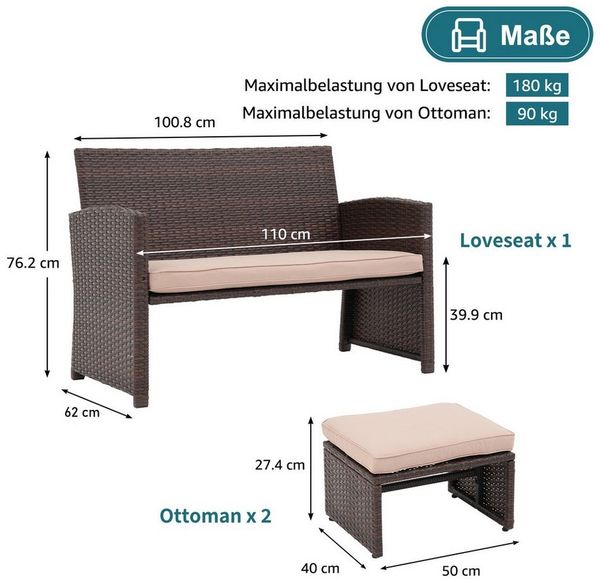 JOIVI Gartenbank Outdoor Loveseat (3-tlg Terrassenmöbel-Set, Allwetter Rattan Gartenbank mit 2 Hocker), Braun Rattan&Beige Kissen