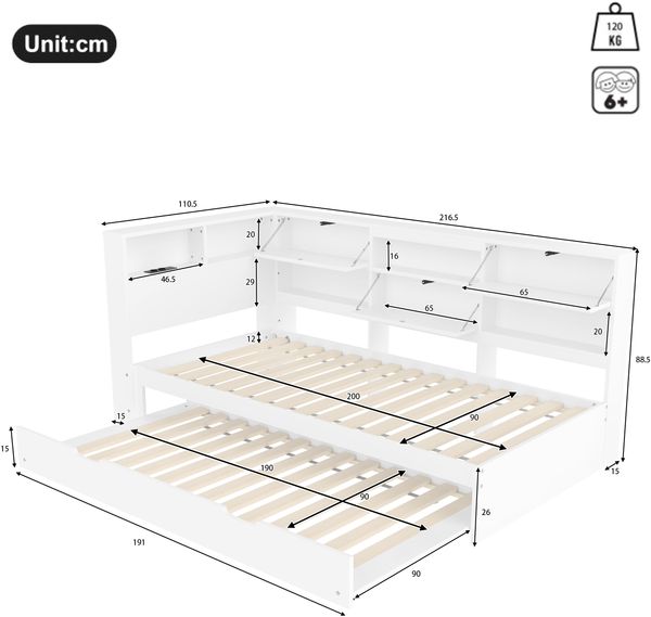 Daybett,Schlafsofa,90x200cm,Kopfteil mit Staufach,Ausziehbares Bett,Ohne Matratze,Weiß Bild 6