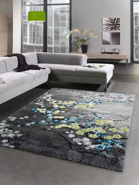 Carpetia Teppich Designer Teppich Kurzflor Wohnzimmerteppich Blumen grau türkis blau, rechteckig, Höhe: 13 mm